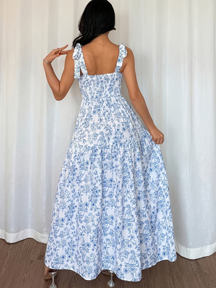 French-Style Elegant Floral Print Sleeveless Summer New Light Blue Vacation Dress 220 - Blue And White