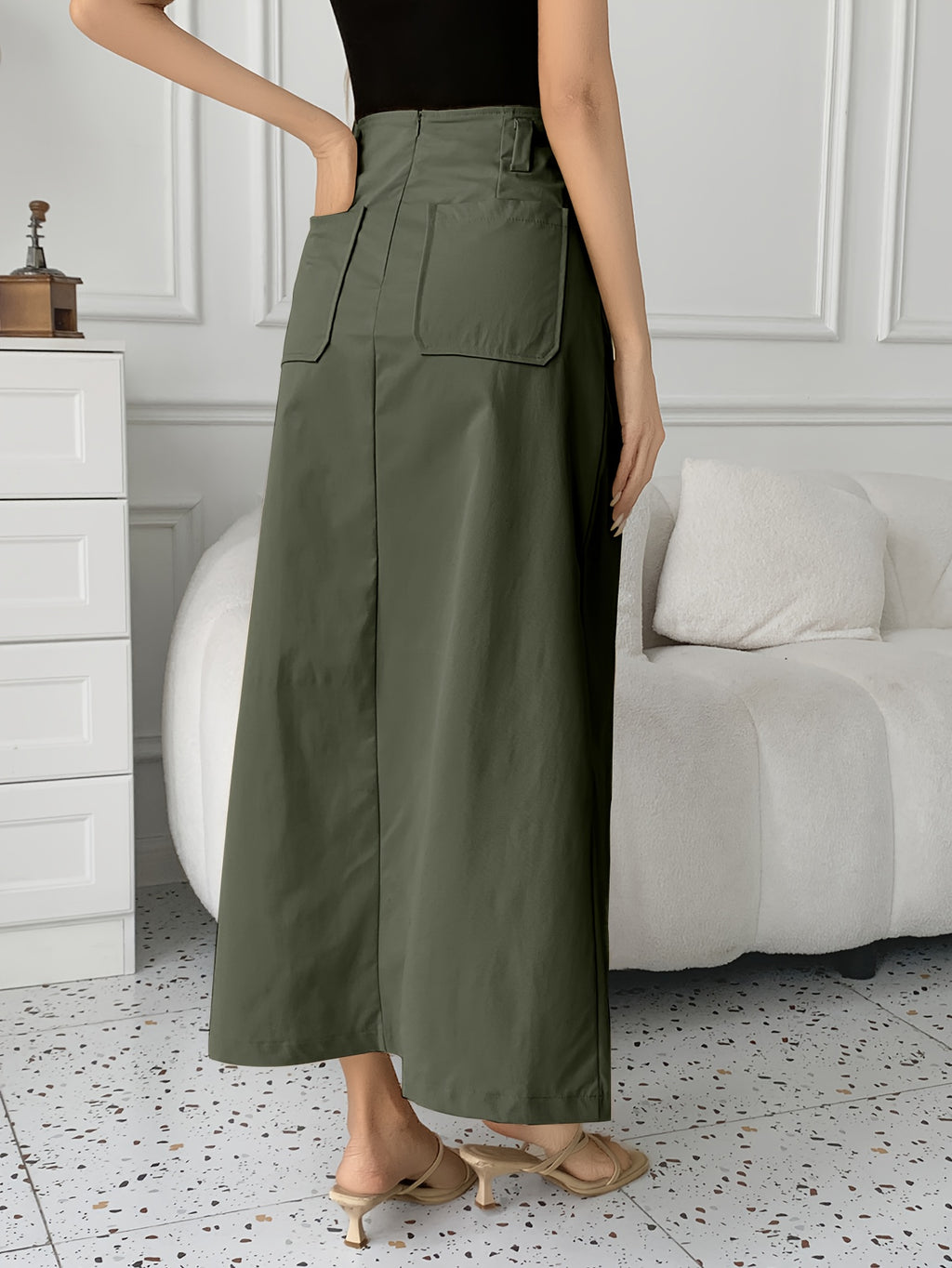 Women'S Old Money Style Elegant Commuter Solid Pocket Mid-Waist Slit A-Line Maxi Skirt (No Belt), Suitable for Dates/Vacation/Outing/Casual/Commute/Elegant/Fashion/Casual/Office/Retro/Holiday/Fun/Elegant/Old Money Style/Streetwear/Vacation Wear/Coun - fern green