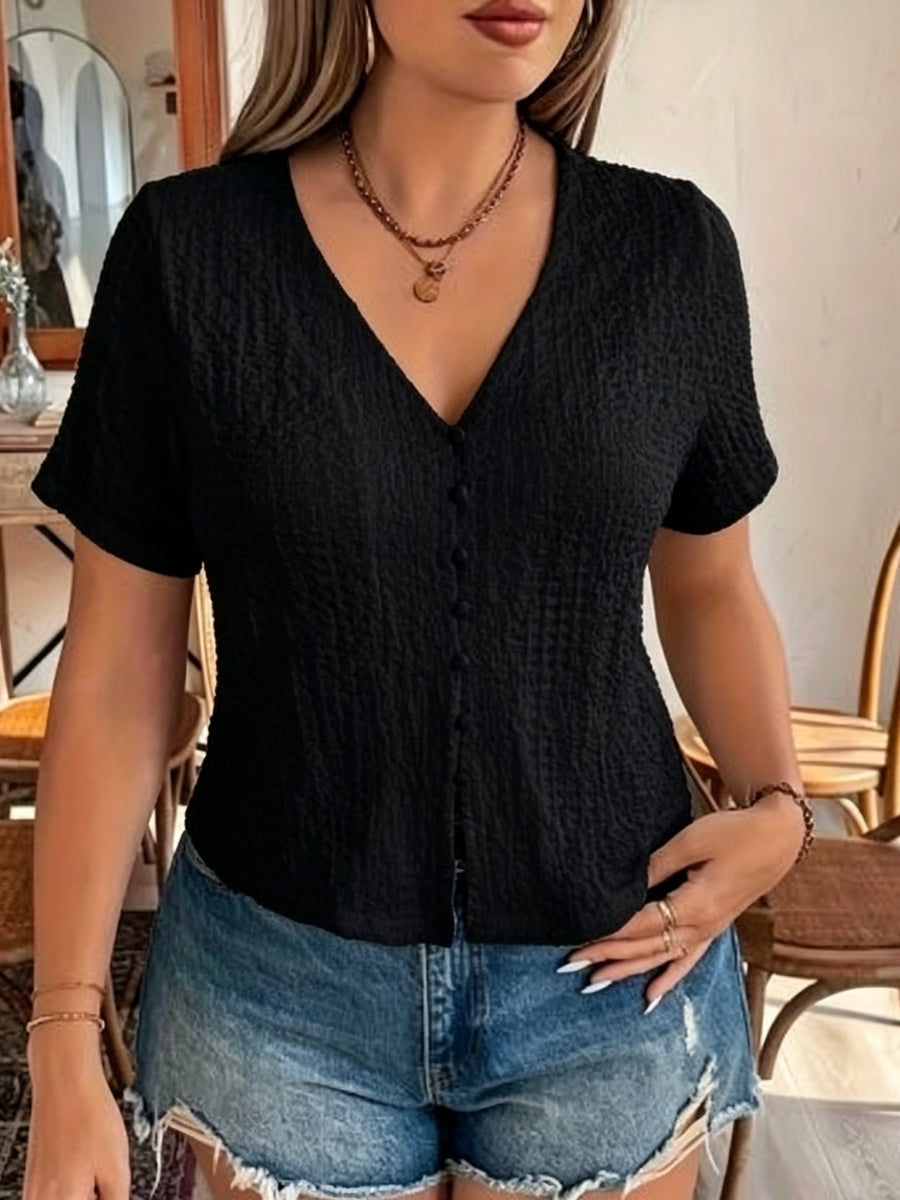Button- V-neck Shirt - Black