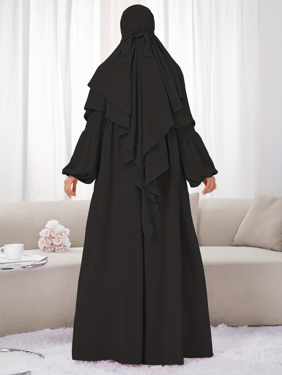 A Set (+Abaya) Fashionable And Elegant Muslim Dress, Elegant Cuff Drawstring, Comfortable And Casual Solid Color, Suitable for Outdoor Travel And Daily Wear. Loose Women'S Abaya Dress - Black