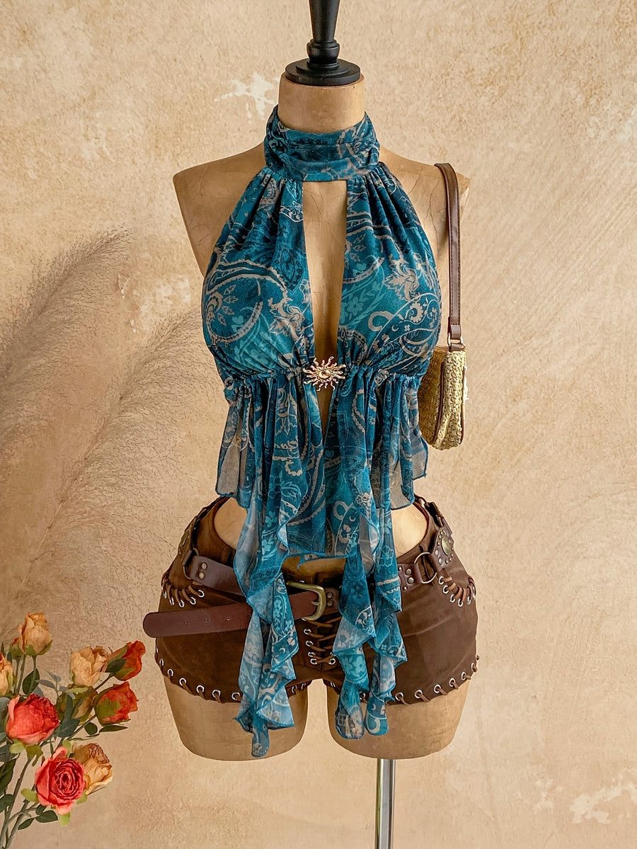 Women'S Vacation Sexy Leopard Print Scarf Vest with Bow Tie And Ruffled Trim, Suitable for Beach, Seaside, Sexy Dates, Vacation, Afternoon Tea, Wedding Season, Cruise, Road Trip, Boho Vacation, Music Festival, Hippie, Western Style - Peacock Blue
