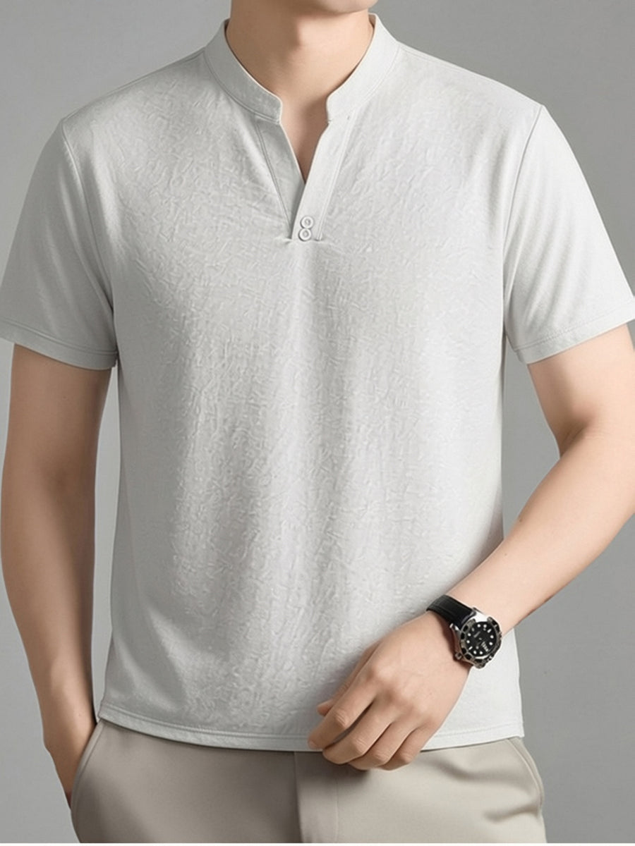 Men's Summer Short-Sleeve T-Shirt, Featuring a Stand-up Collar and Henry Collar Dual Design, with a Comfortable Texture Suitable for Both Business and Casual Wear - White