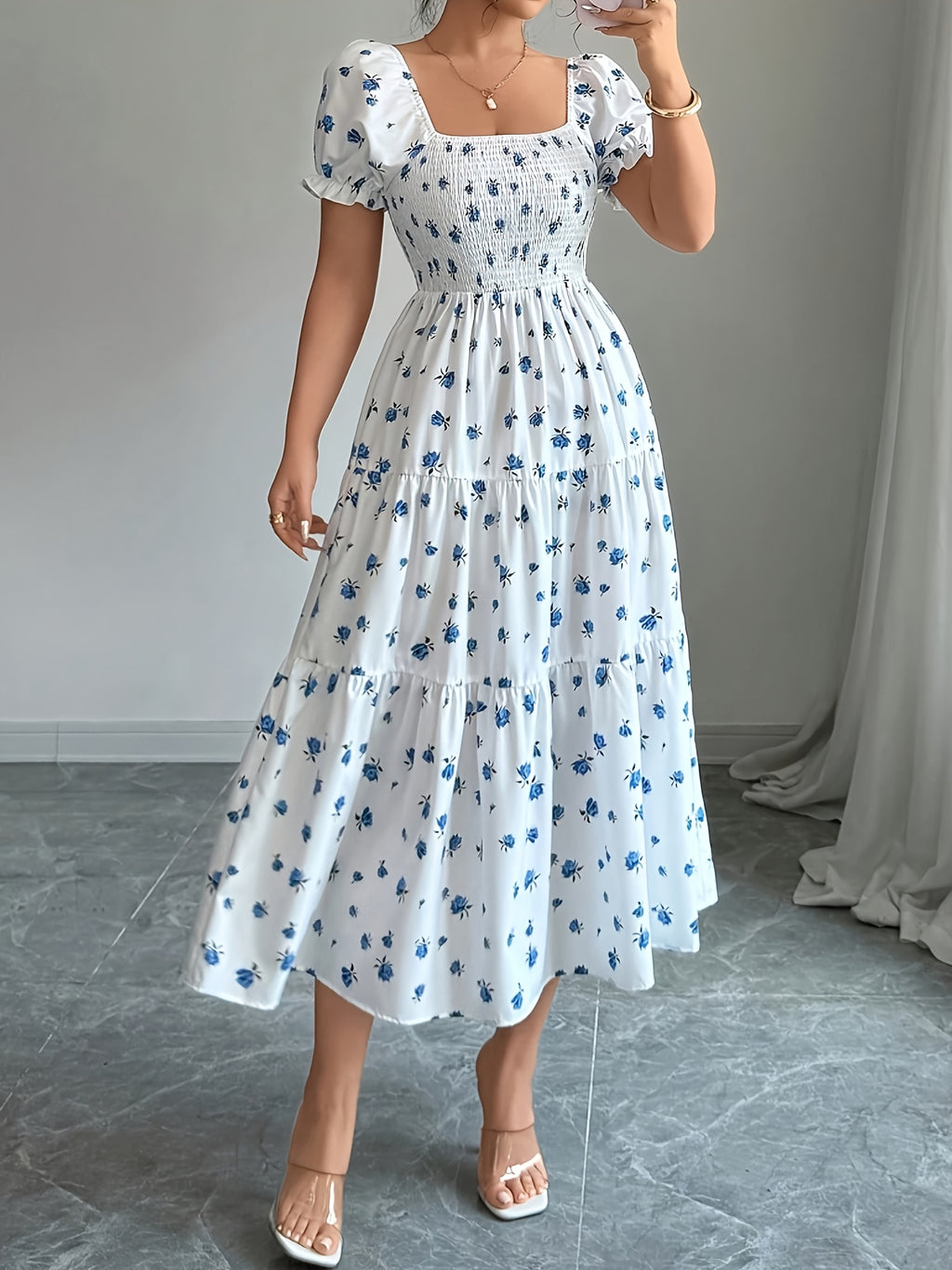 Elegant Square Neck Cinched Waist Floral Print Women's Midi Dress - Multicolor