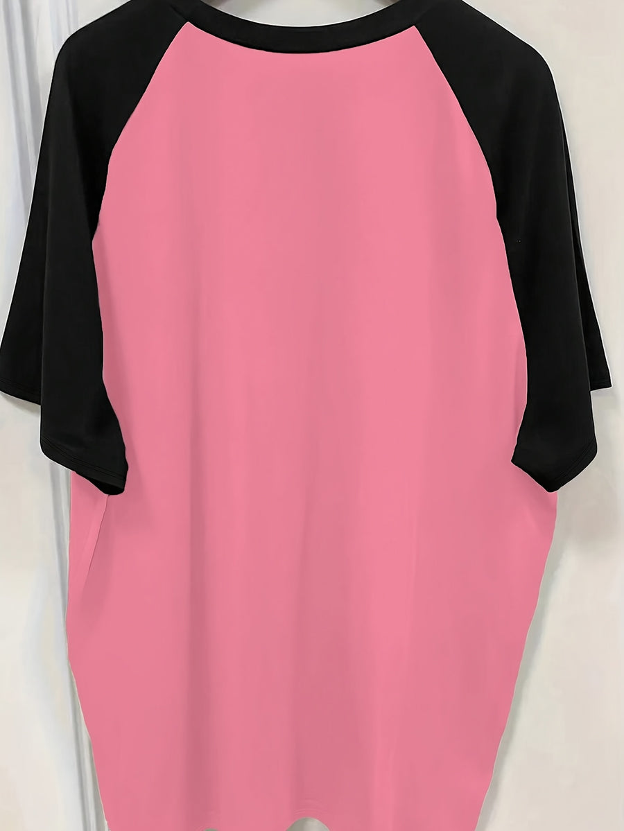 Letter Print Drop Shoulder T-Shirt, Short Sleeve Crew Neck Casual Top for Spring & Summer, Women'S Clothing - Pink
