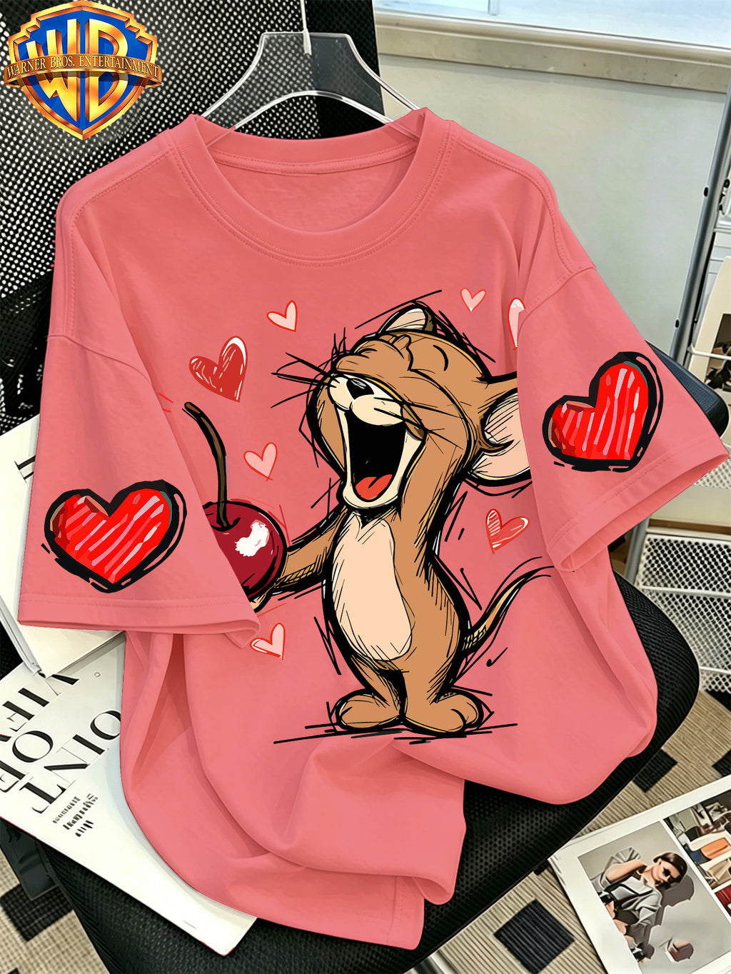 Official Warner Bros. T-shirt Featuring a Print of a Classic Character Laughing While Holding a Cherry; Men's 100%, Comfortable, Versatile, and Loose-fitting Short-sleeve Summer Tee-suitable for Outdoor Activities and Casual Attire. - Rose Red