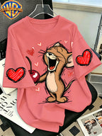 Official Warner Bros. T-shirt Featuring a Print of a Classic Character Laughing While Holding a Cherry; Men's 100%, Comfortable, Versatile, and Loose-fitting Short-sleeve Summer Tee-suitable for Outdoor Activities and Casual Attire. - Rose Red