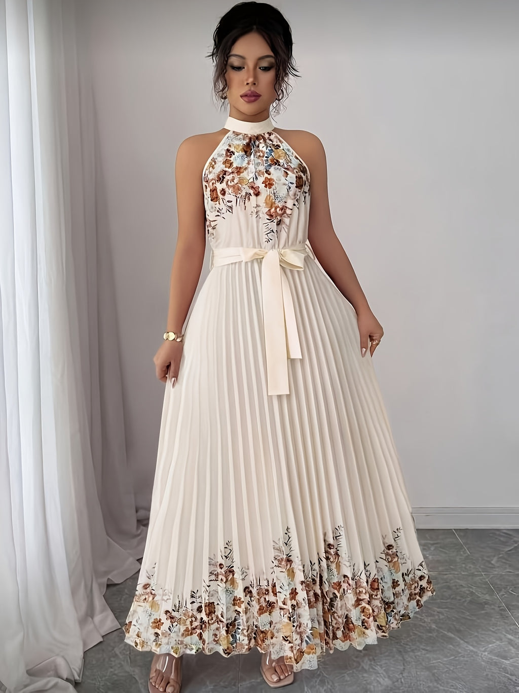 Women'S Floral Print Pleated Flared Maxi Dress with Tie Waist, Wedding Evening Party Formal Gown, Date Vacation Dress - Multicolor