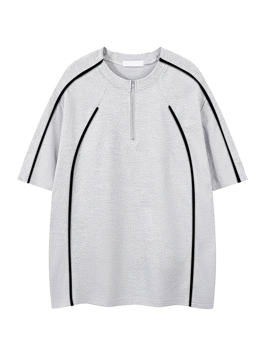 Heavyweight 260g Couple's T-Shirt, Unisex, Simple and Elegant Vintage Striped Casual Top, Versatile and Durable with Zipper Neckline - Beige Gray