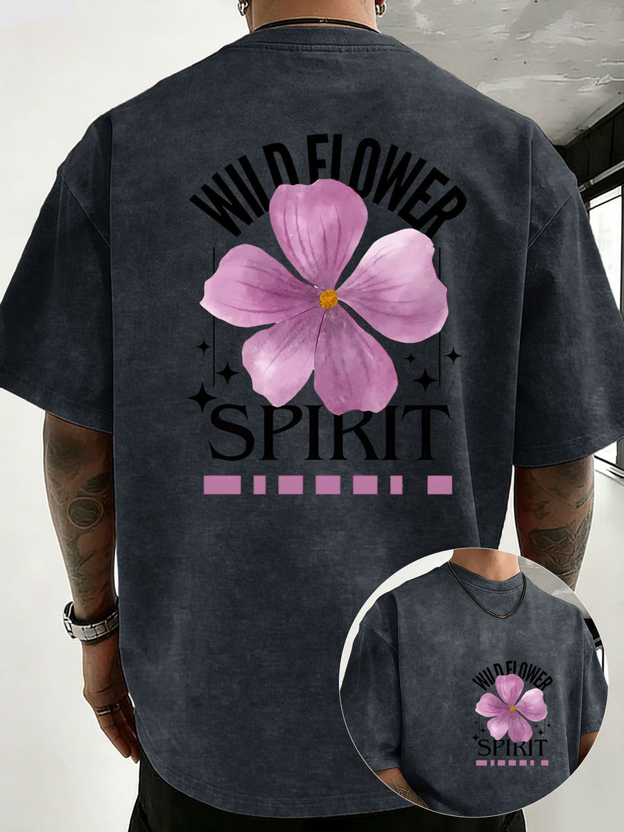 Mid-Summer Vacation Style Unisex T-Shirt, Pure Washed Distressed, Double-Sided Print, Breathable And Sweat-Absorbent, Loose Fit Outdoor Hiking Sports Trendy Casual Short Sleeve, Sweat-Resistant - Navy Color