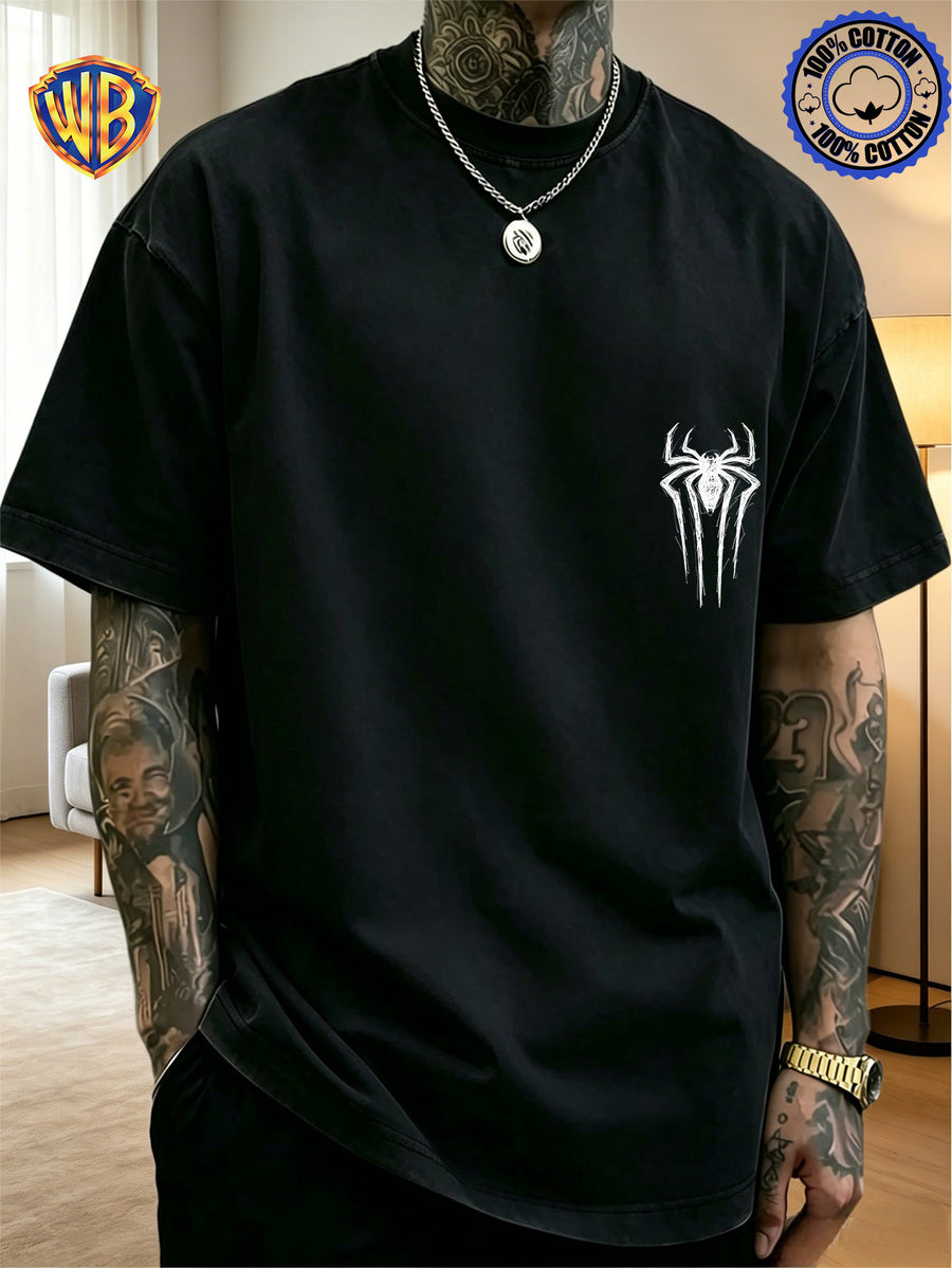 Unisex T-shirt Featuring a Niche Dark Aesthetic with Hand-painted Front and Back Dual-position Combination Prints, Creating a Low-key, Cool, Eye-catching, and Trendy Campus Style - Black