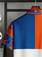 Men's Short-Sleeve Shirt with Stylish Blue and Orange Geometric Print, Color-Blocked Patchwork Casual Shirt, Breathable Summer Top - Mixed colors