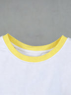 Women'S Round Neck Short-Sleeved T-Shirt Casual Women'S Clothing, Contrasting Color Striped Sleeve Design, "Harry Potter" Cartoon Sticker Style Pattern Print, Short-Sleeved Women'S Top Summer, Soft And Comfortable Short-Sleeved - White Fight Yellow