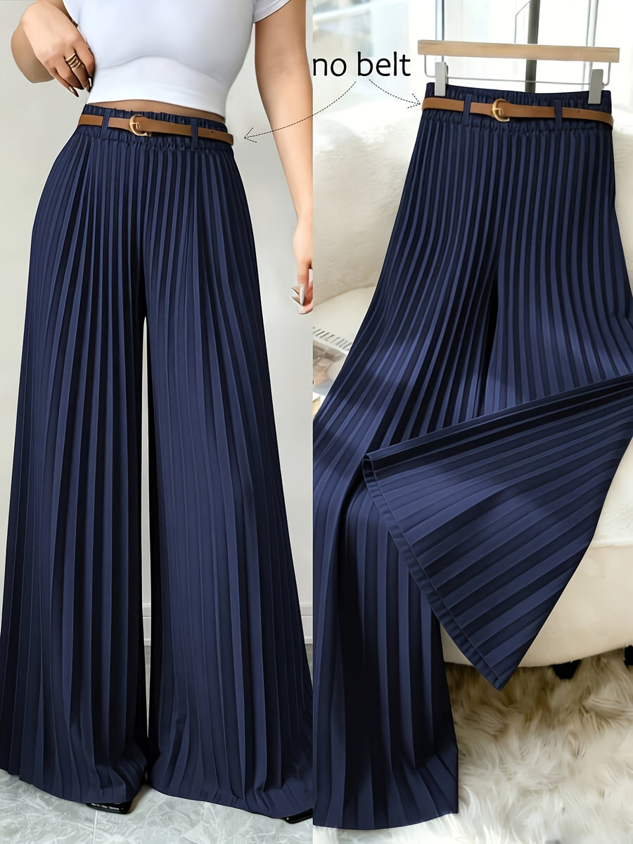 Women's Solid Color Minimalist Pleated Casual Trousers, Simple Solid Color Flowy Wide-Leg Pants, Spring, Summer, Autumn, All-Season Casual Stretch Waist Commuter Versatile Wide-Leg Pants, Belt Not Included - Navy Color