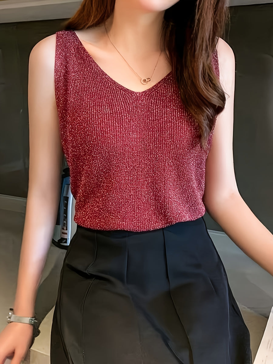 Women's Camisole Tank Top with Korean-Style Sexy Outerwear, Shiny V-Neck Bodycon Top - Red