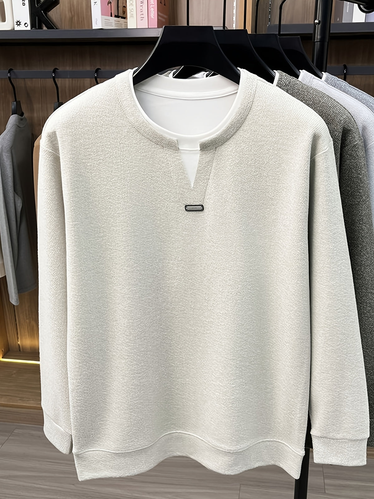 Men's 2-in-1 Look V-Neck Sweatshirt, Loose Drop Shoulder, Casual Pullover Long Sleeve, Suitable for Daily Commuting and Leisure. -SINBOS - Apricot