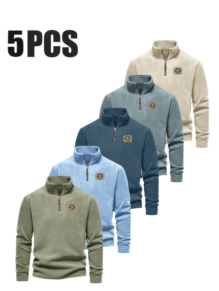 Men'S 5pcs Versatile Basic Fleece Sweatshirt, Half-Zip Stand-Up Collar Autumn And Winter Long-Sleeved Top - Mint Green + Navy Blue + Slate Blue + Sky Blue + Apricot