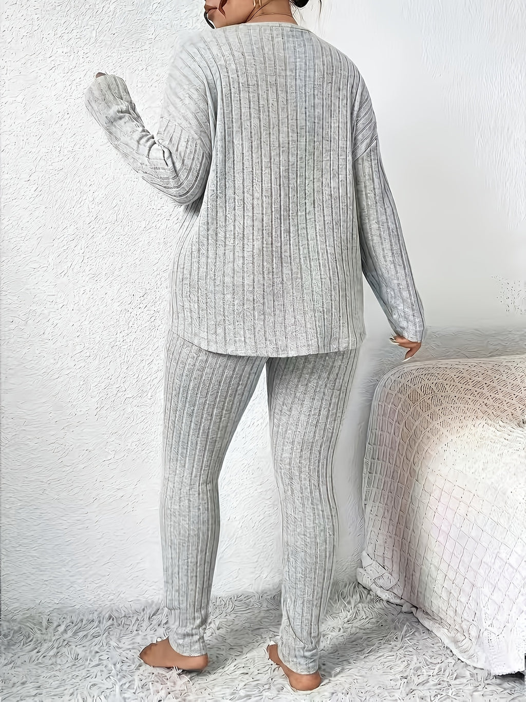 Solid Color Long-sleeved Top and Trousers Casual Everyday Set - Grey