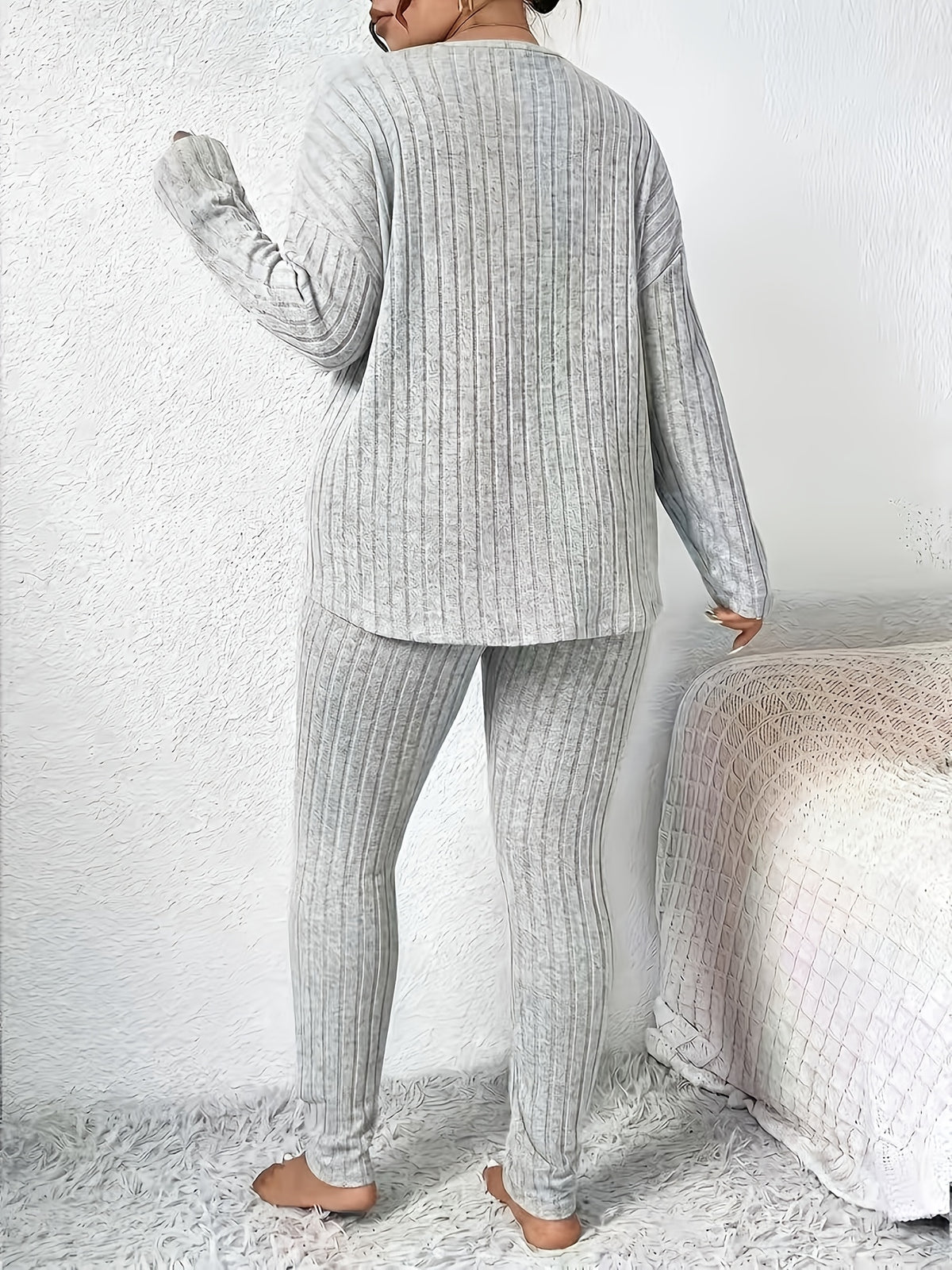 Solid Color Long-sleeved Top and Trousers Casual Everyday Set - Grey