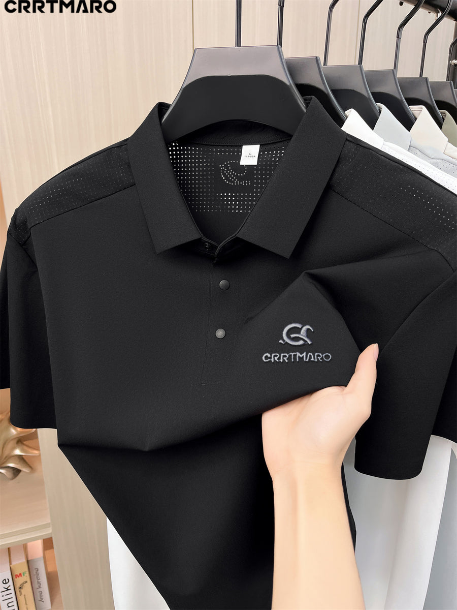 Katemar CRRTMARO Men's Short Sleeve Lapel Polo Shirt - Breathable Business Casual T-Shirt with Lapel Collar, Solid Color Suitable for Summer, Office & Semi-Formal Wear, Regular Fit Half-Sleeve (No Belt) - Black