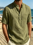 Men'S 3pcs Set of Stand-Collar Henley Short-Sleeve Shirts, Summer Thin Casual Button-Up Shirts, Chest Pocket Loose Breathable Solid-Color Short-Sleeve Tops - White + navy + green
