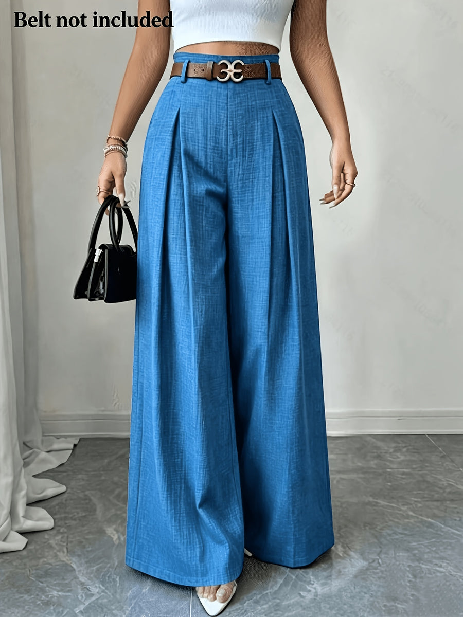 Women's High-Waisted Wide- Trousers - Loose-Fit Solid Color Pants Suitable for Daily Wear & Vacation, Beltless Spring/Summer Style for Office, Casual Outfits - Machine Washable Elegant Trousers - Deep Sky Blue