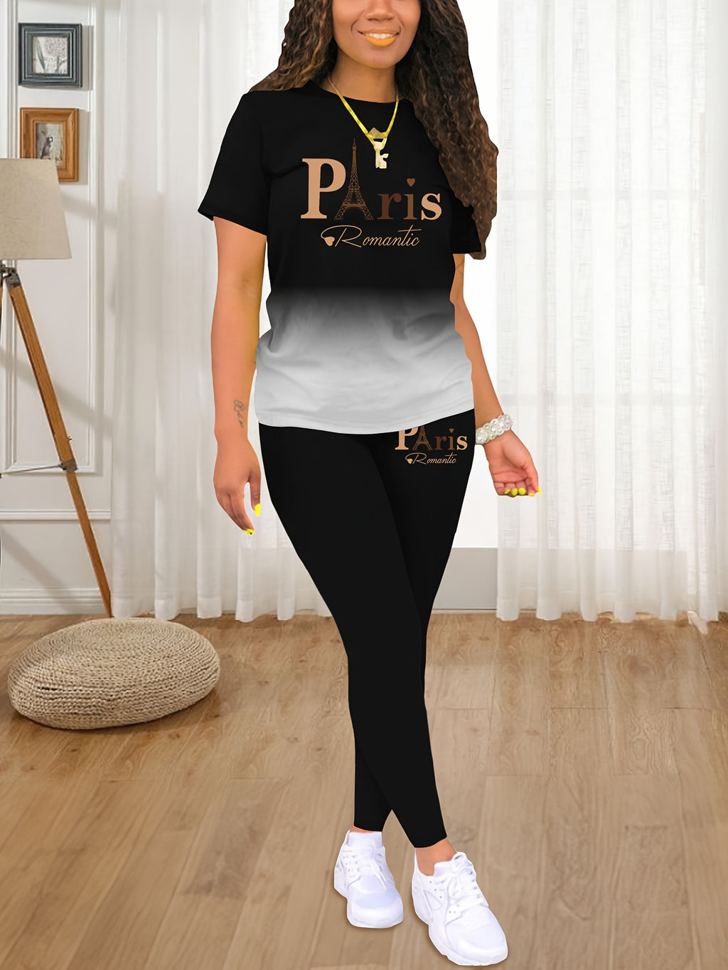 Fashionable Women'S Spring/Summer Set | Crew Neck Short Sleeve Printed Top with Long Pants | Architectural Pattern, Regular Fit - Black