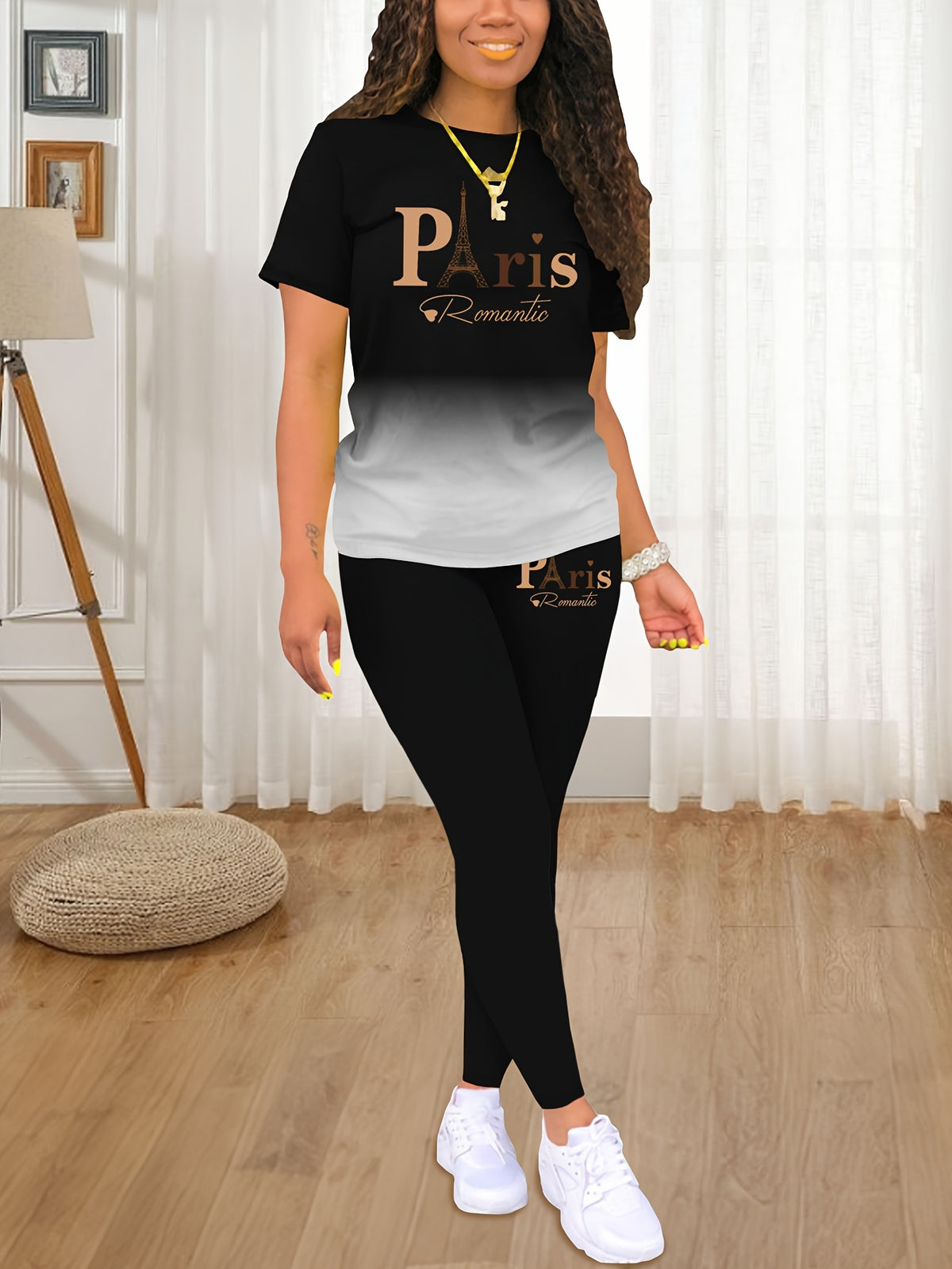 Fashionable Women'S Spring/Summer Set | Crew Neck Short Sleeve Printed Top with Long Pants | Architectural Pattern, Regular Fit - Black
