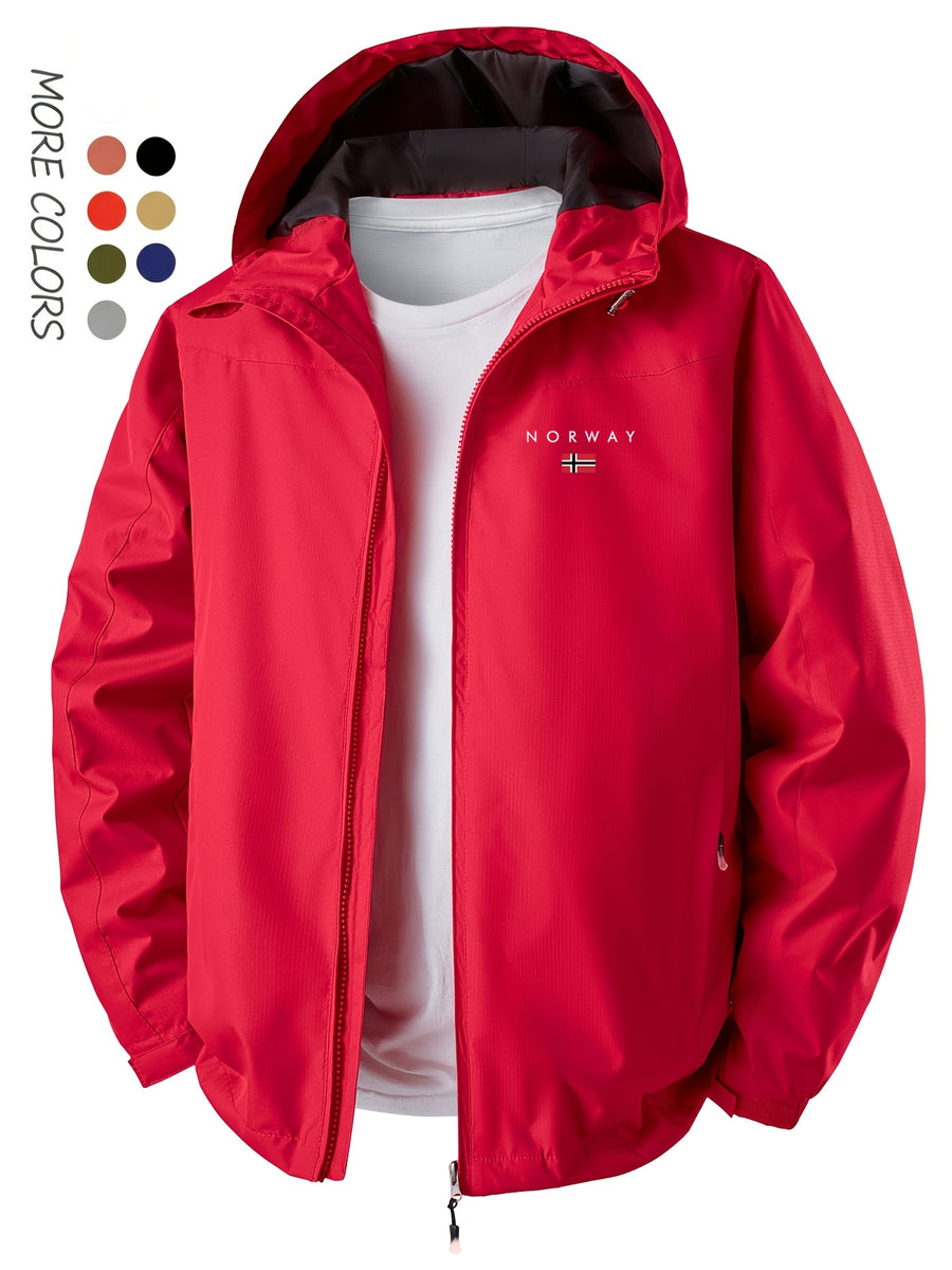 Norway Element Print Jacket Autumn Winter Men'S Outdoor Sports Mountaineering, Hiking Solid Color Jacket Hooded Easy Versatile Youth Fashion Thin Travel Casual Outerwear Men - Red