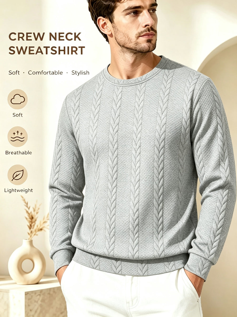 Men's Crew Neck Jacquard Sweatshirt, Fashionable and Versatile Sweatshirt for Spring and Autumn, Suitable for Outerwear or Layering, Features Three-Dimensional Visual Texture, Comfortable to Wear, Ideal for Casual, Vacation, Travel, and Home Wear - Light Grey