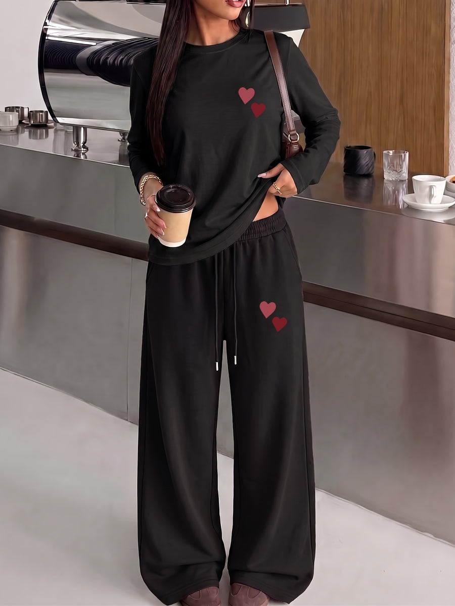 Easy Double Heart Pattern Print, Women'S 2pcs Set, Women'S Round Neck Loose All-Match Casual Sports Long Sleeve And Casual Sports Long Pants 2pcs Suit - Black+black