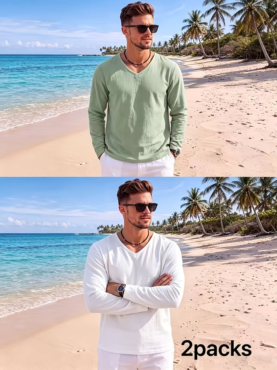 Men's 2pcs V-Neck Long Sleeve Linen T-Shirt, Breathable Loose Solid Color Top for Beach Outings and Daily Casual Wear - Light Green+white