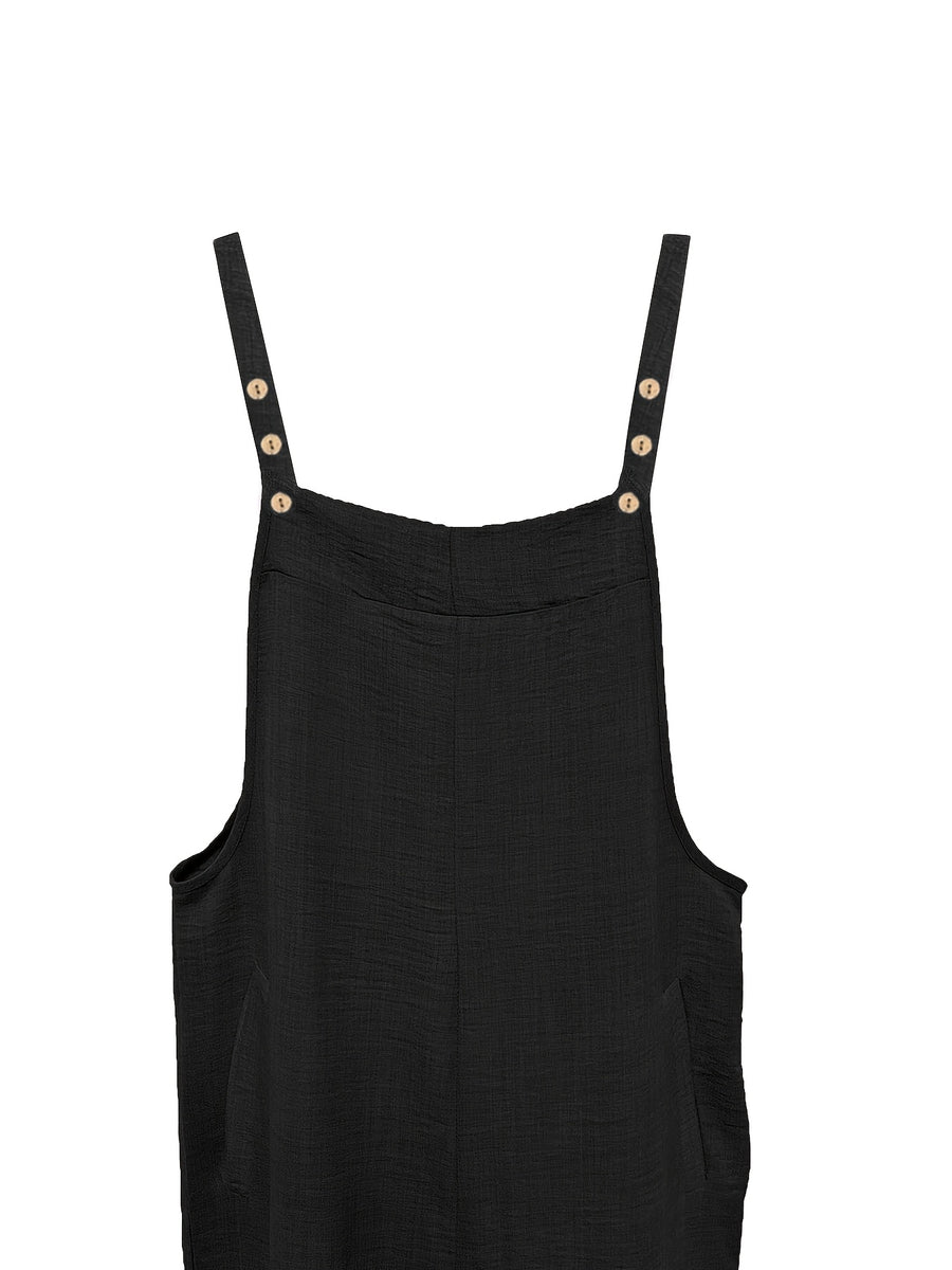 Women's Vacation Wide-Leg Jumpsuit - Sleeveless with Adjustable Buckle Straps, Pockets Included, Machine Washable, Solid Color - Black