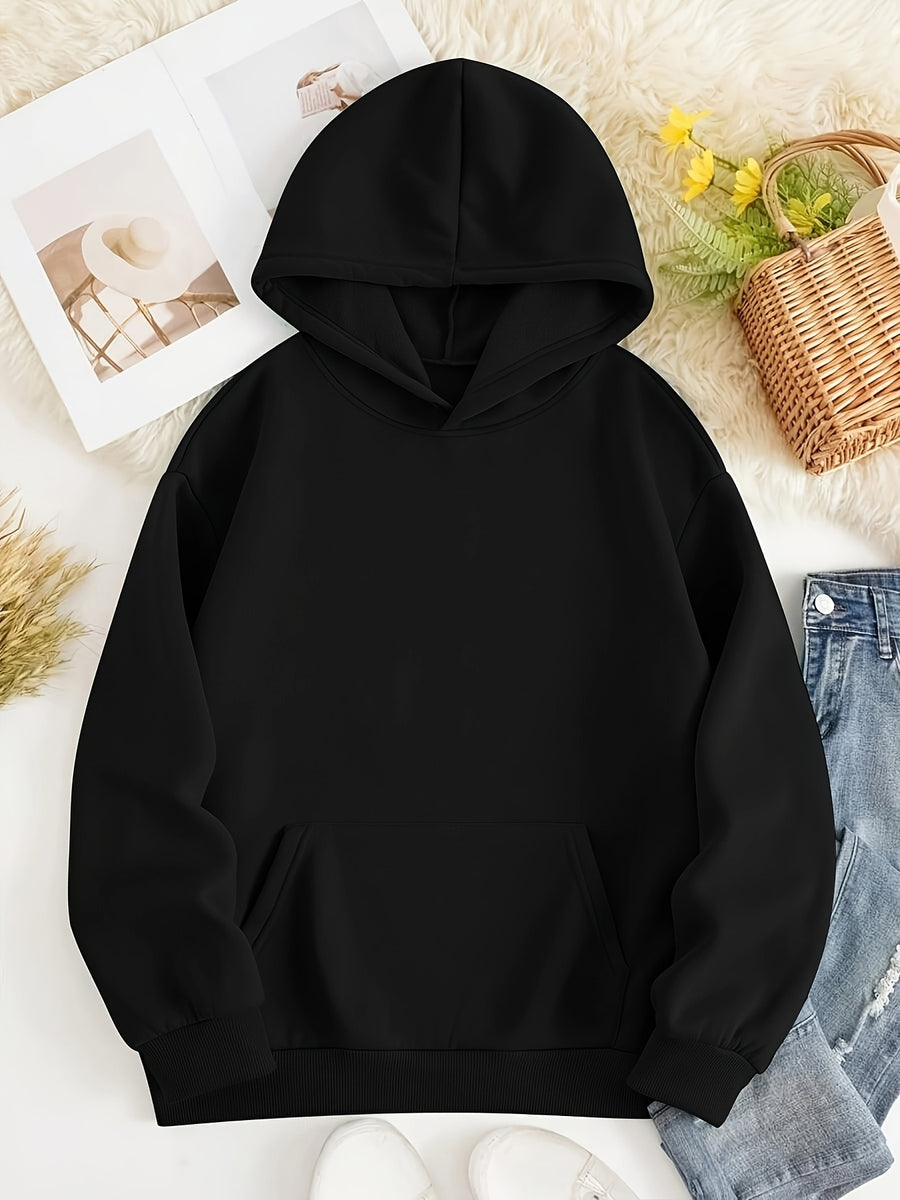 European and American Vintage Minimalist Artistic Style Top, Whale Shark Print Pattern Hooded 1pc Women's Sweatshirt, Loose Autumn/Winter Pullover Top, Relaxed Oversized Fit, Street Hip-Hop Style, with Kangaroo Pocket, No Drawstring - Black 1