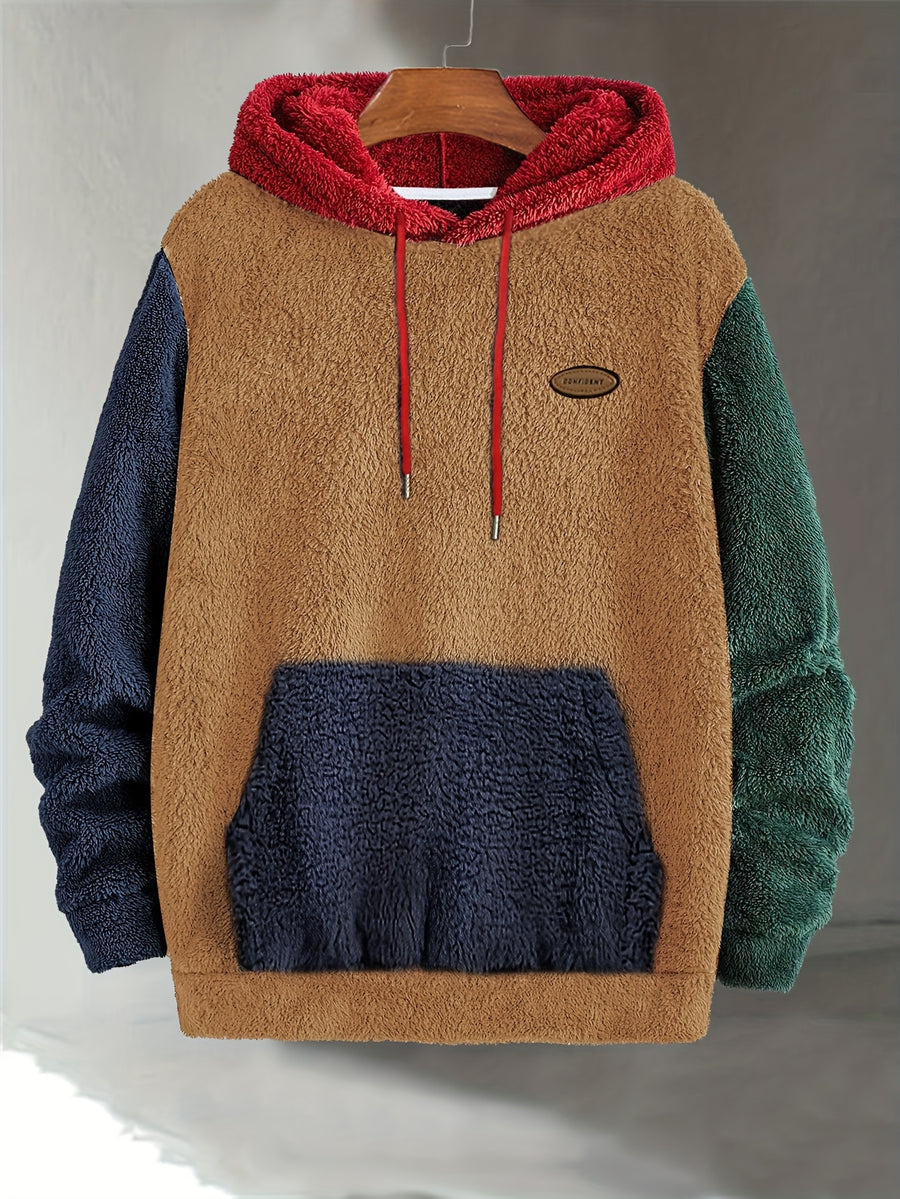 Men's Multi-Color Plush Hooded Sweatshirt with Contrast Patch Embroidery, Warm Autumn/Winter Hoodie with Drawstring - Camel