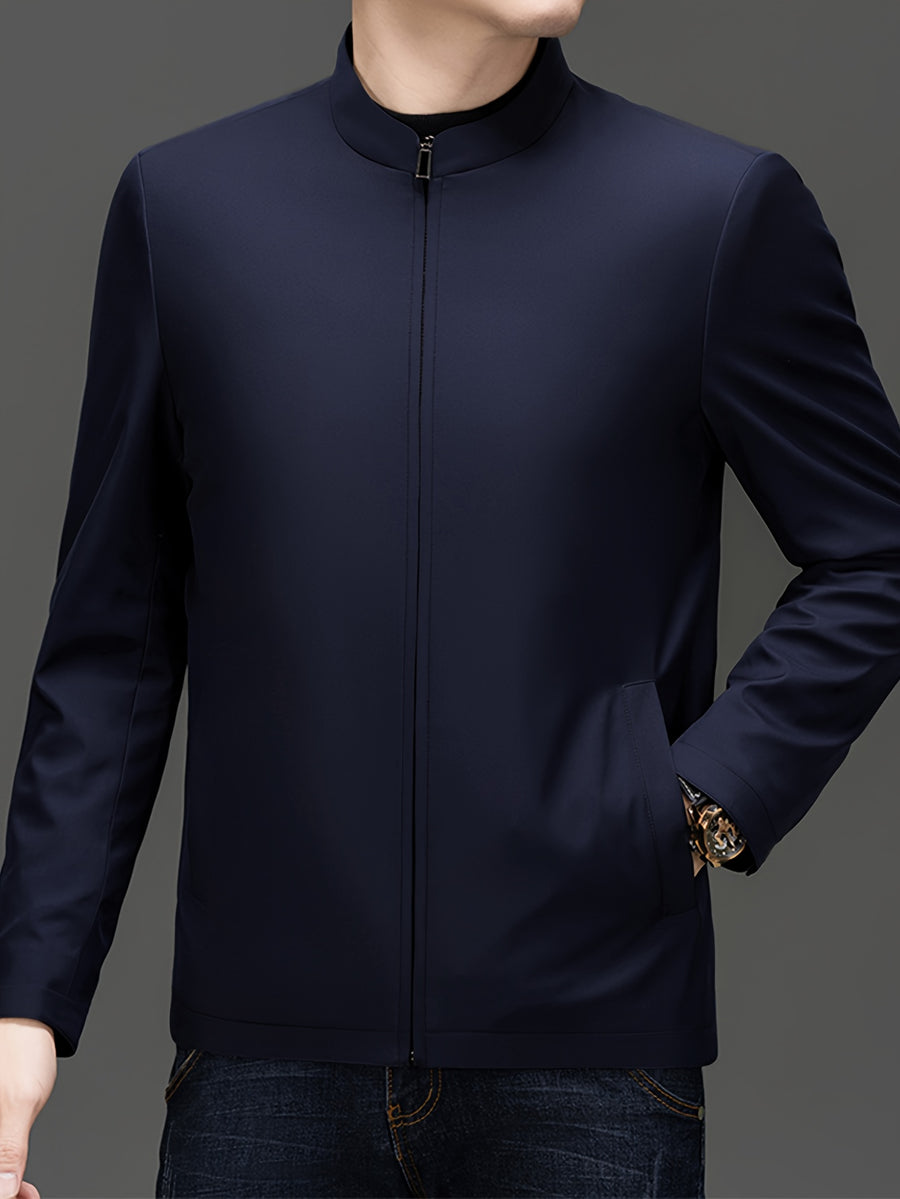 New Men'S Jacket for Spring/Autumn, New Business Casual Top with Stand-Up Collar And Zipper Closure, Machine Washable Polyester, Solid Regular Fit Suitable for Autumn Weather, Men'S Business Casual - Navy Color