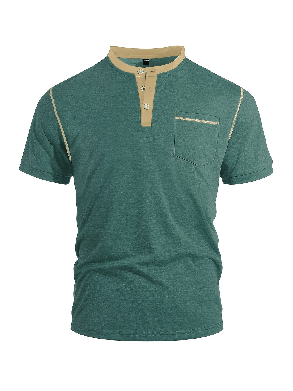 Men'S Spring Summer New Light Luxury Color-Block Henley Collar Short Sleeve T-Shirt, Half-Button 3-Button American Retro Top, High-Stretch Soft And Skin-Friendly Fabric, Breathable And Comfortable - Green