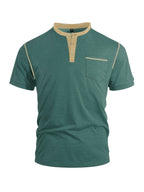 Men'S Spring Summer New Light Luxury Color-Block Henley Collar Short Sleeve T-Shirt, Half-Button 3-Button American Retro Top, High-Stretch Soft And Skin-Friendly Fabric, Breathable And Comfortable - Green