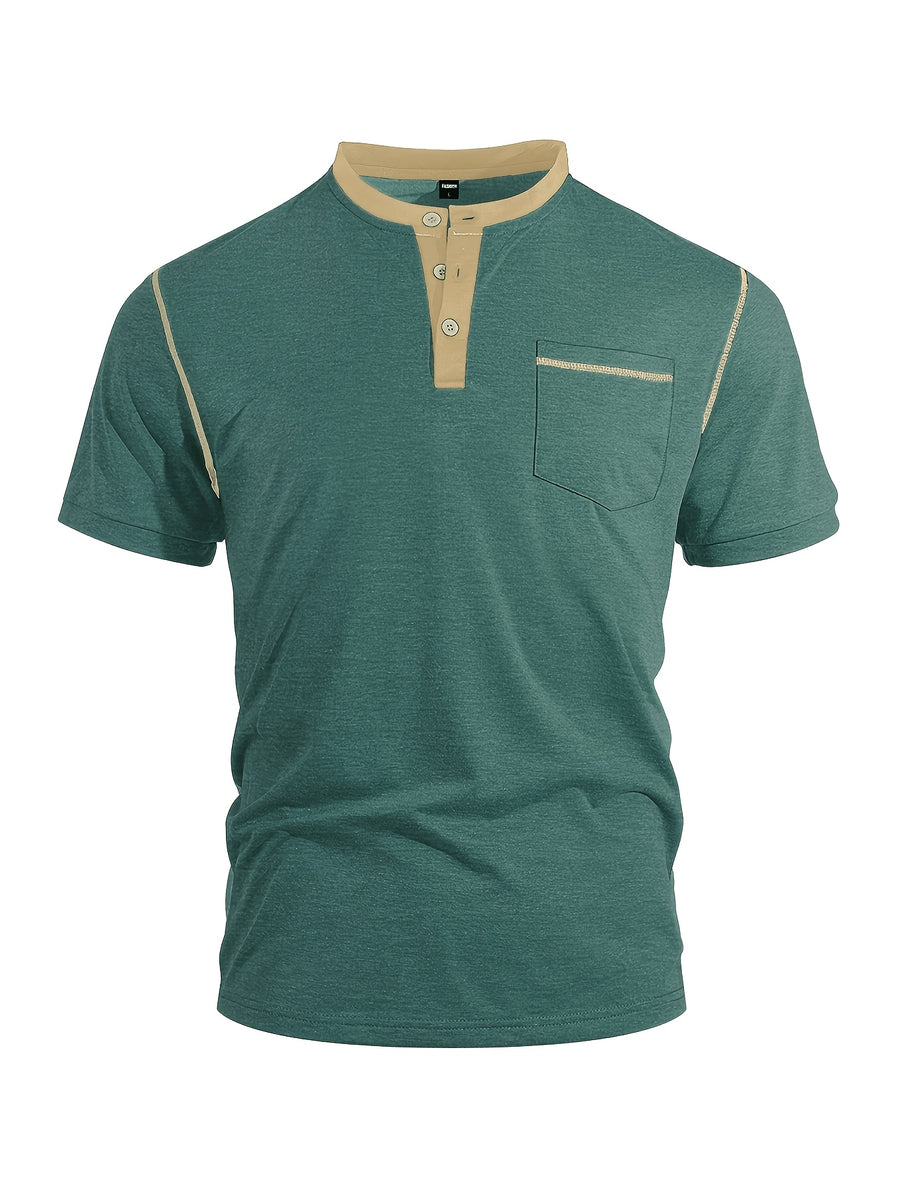 Men'S Spring Summer New Light Luxury Color-Block Henley Collar Short Sleeve T-Shirt, Half-Button 3-Button American Retro Top, High-Stretch Soft And Skin-Friendly Fabric, Breathable And Comfortable - Green