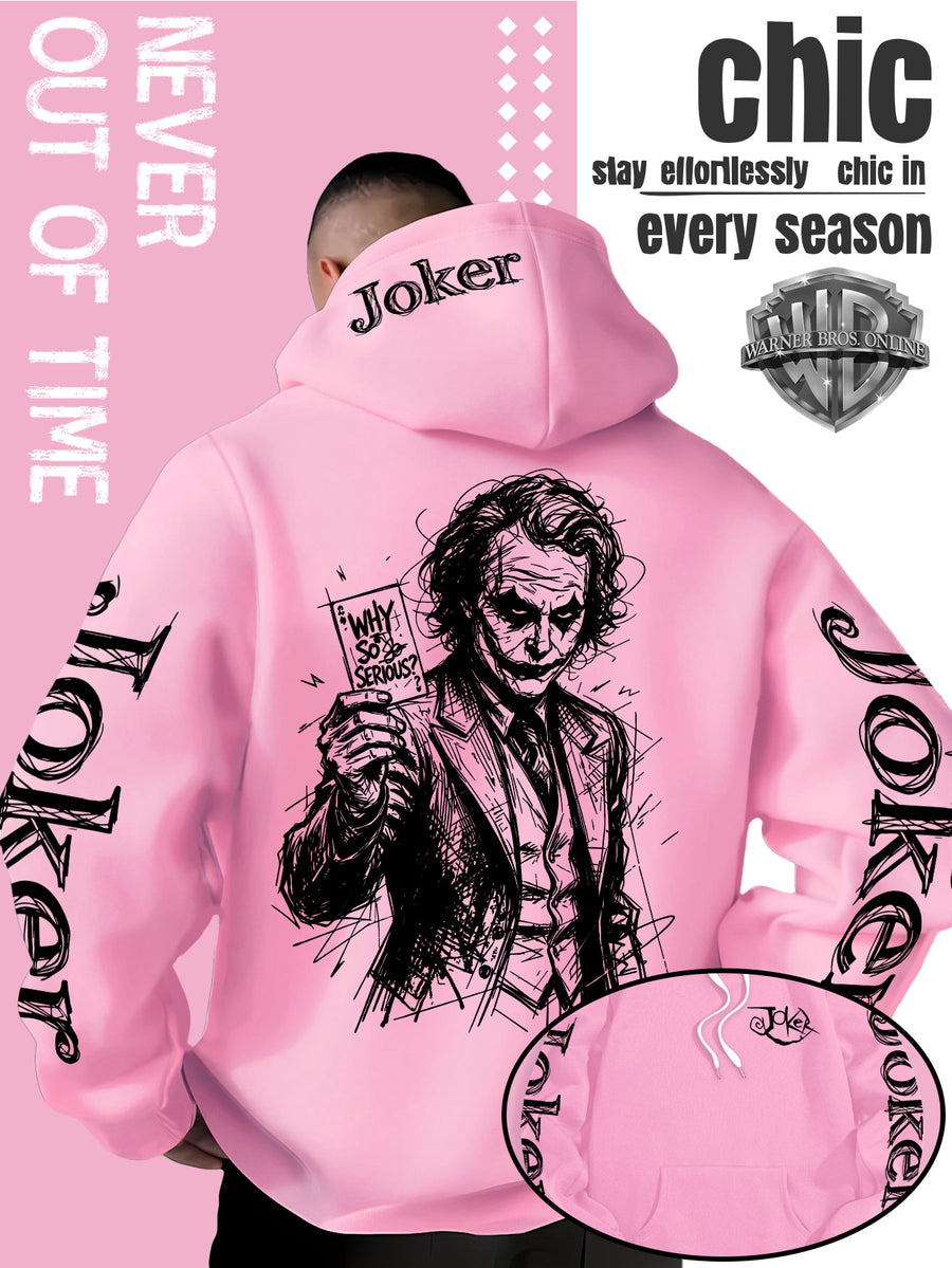 WB Warner Bros. Official Licensed Men's Joker Hooded Sweatshirt - Iconic Joker Portrait Print Hoodie, Soft Pilling-Resistant Fabric, Loose Fit Streetwear Pullover Suitable for Autumn/Winter, Machine Washable for Home, Outings & Joker-Themed Apparel - Pink Color
