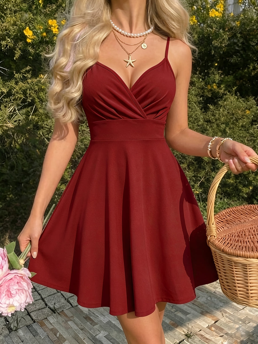 Women's Summer Elegant Spaghetti Strap Criss-Cross Neckline Asymmetrical Hem Dress - Red