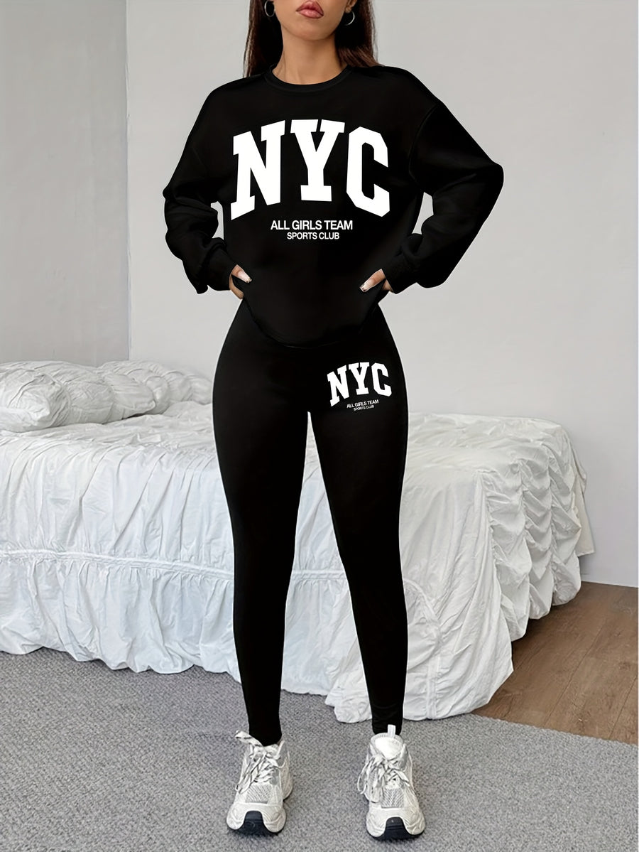 1014Gwen, 1 Set of Casual Women's Sweatshirt Set, 2pcs, Letter Print, Round Neck Long Sleeve Sweatshirt, Long Leggings, Can Be Worn Alone or as a Layering Piece, Suitable for Autumn and Winter, Women's Clothing - Black