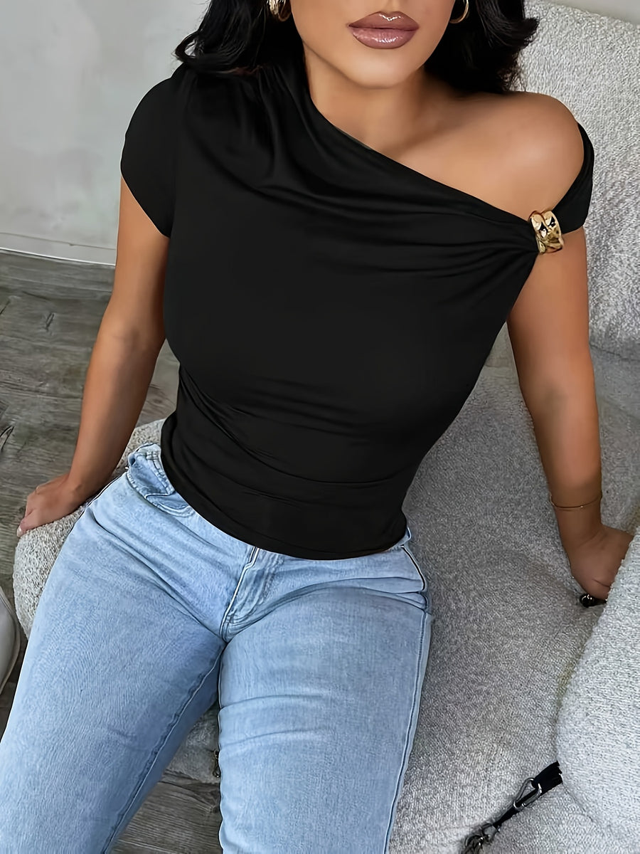 Women'S T-Shirt Slim Fit One-Shoulder Suitable for Dating, Parties, Commuting, Casual Fashion - Black