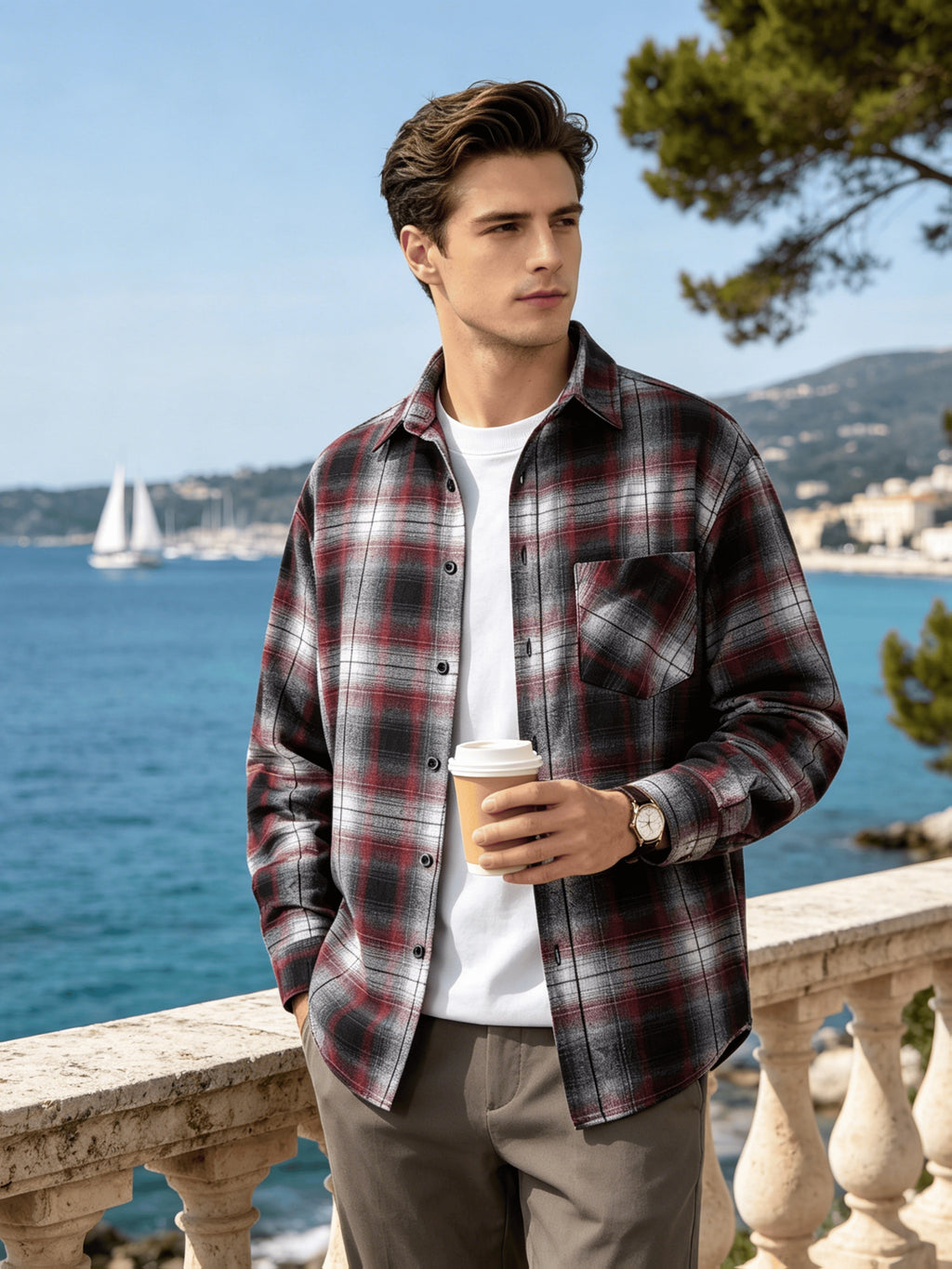 Men'S Retro Plaid Long Sleeve Shirt, Casual Loose Fit Button, Breathable Fabric, Perfect for Daily Wear, Vacation, Office And Streetwear Style - Black And Red Grid