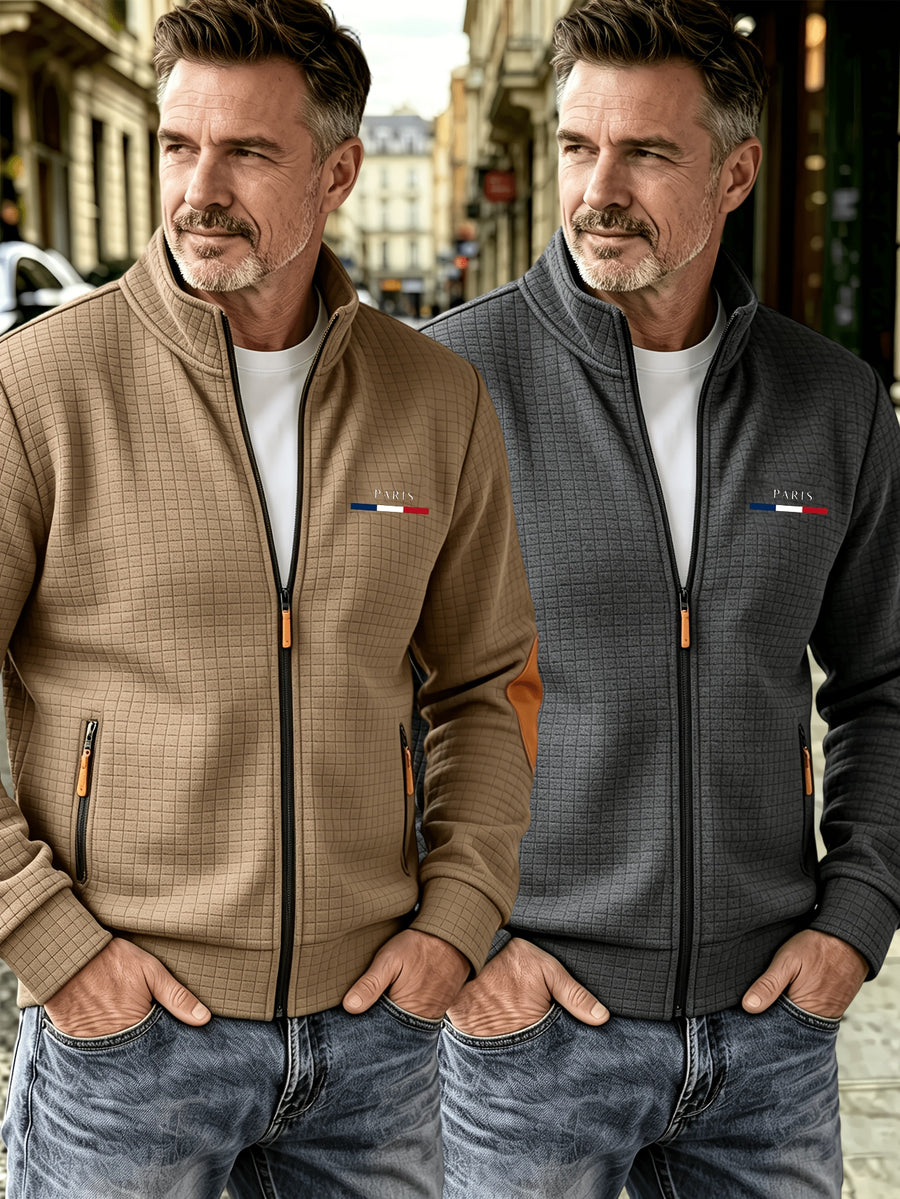 2pcs Men'S Autumn Winter Sports Small Stand-Up Collar Zipper Pocket Jacket, Spring Autumn Versatile Zipper Cardigan Top, Fashionable Plaid Jacquard Texture Fabric, Stylish Elbow Classic Color-Block Casual Coat, Suitable As Men'S Holiday Gift - Khaki+grey