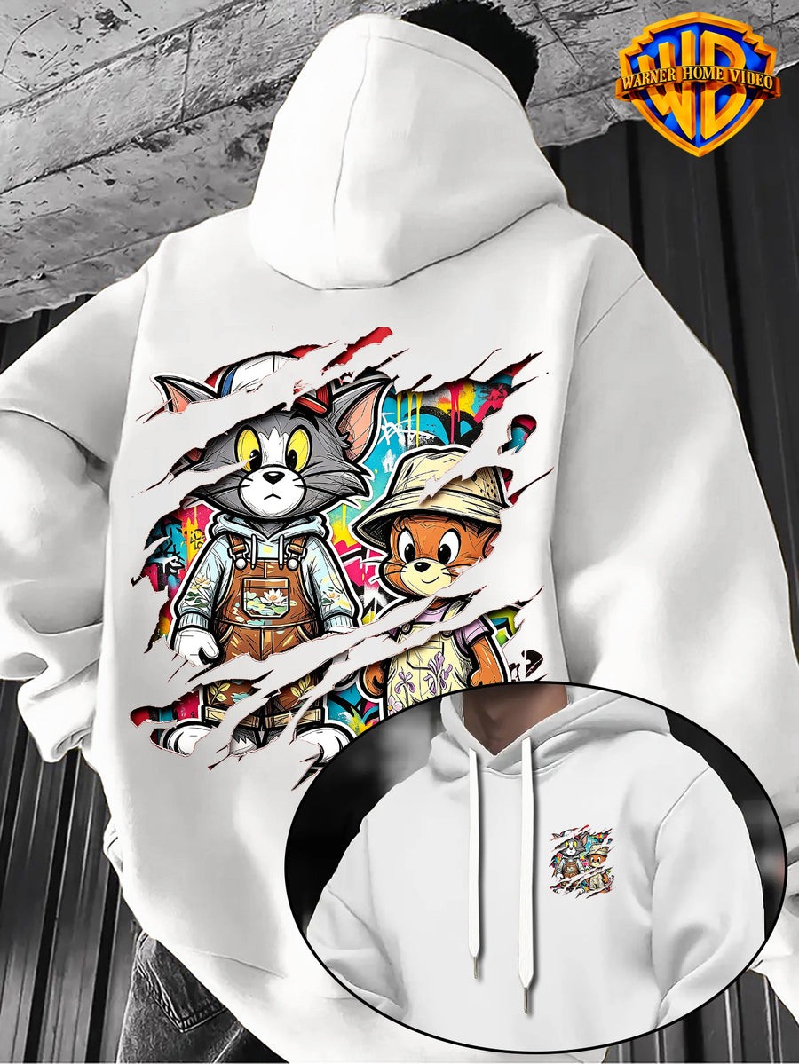 Warner Bros Official 1pc Vintage Painted Cartoon Character Trendy Casual Hoodie - Men's Fashion Hoodie, Adjustable Drawstring Loose and Comfortable Sweatshirt, Suitable for Daily and Outdoor Sports Wear, the Perfect Choice for Warmth in Autumn - White