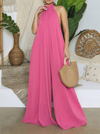 Women'S Casual Vacation Chiffon Halter Neck Backless Wide-Leg Jumpsuit - Dark Pink
