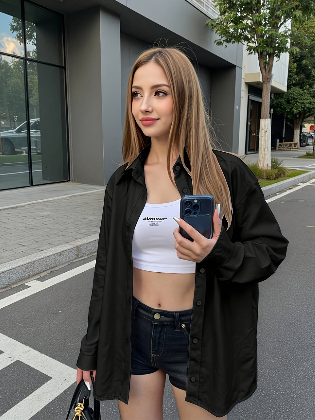 Solid Color Long Sleeve French Shirt for Women New Arrival - Black