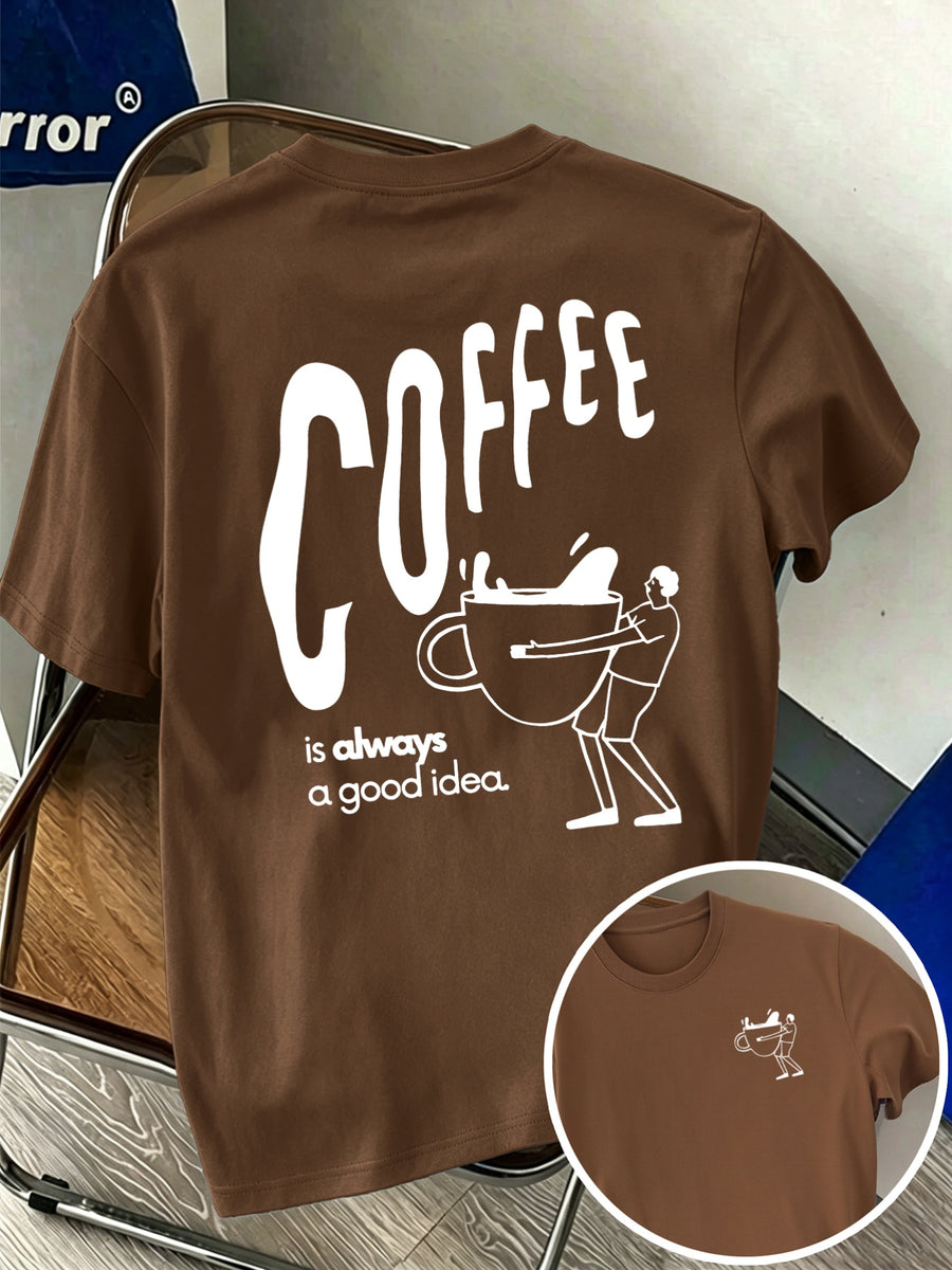 Men'S 100% T-Shirt, Coffee Character Print, Soft Breathable Comfortable Casual, All-Season Daily Commute - Coffee Brown