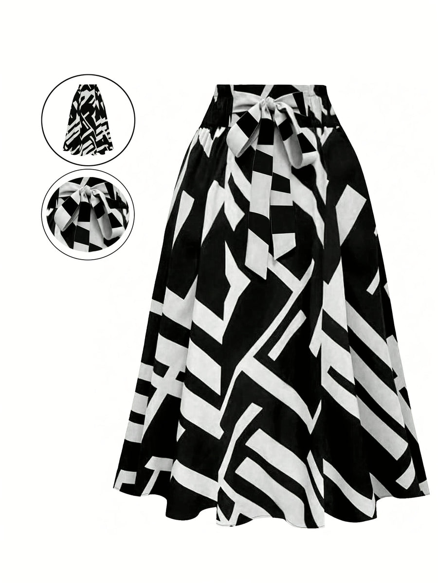 Hot Women's Trendy Fashion Color Block Casual Printed Waist-Tie Bow Elegant Versatile Commuter Style A-Line Skirt - Black