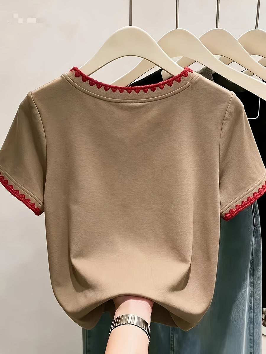 XXFL Directional Style Summer Regular Shoulder V-Neck Color-Block Fashion Versatile Short-Sleeve Top T-Shirt - Khaki